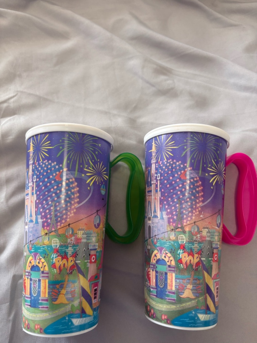 Colorful Double Ceramic Travel Mug with Green or Pink Handle